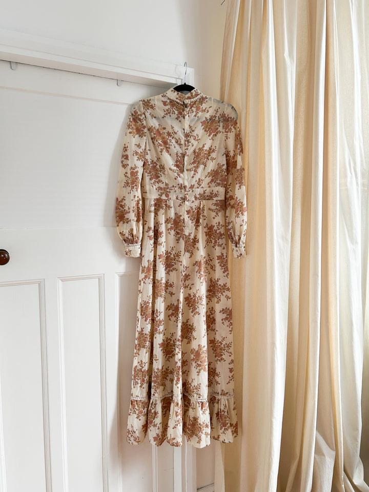 Heavenly Soft Brown Floral 70s Cotton Prairie Maxi Dresss
