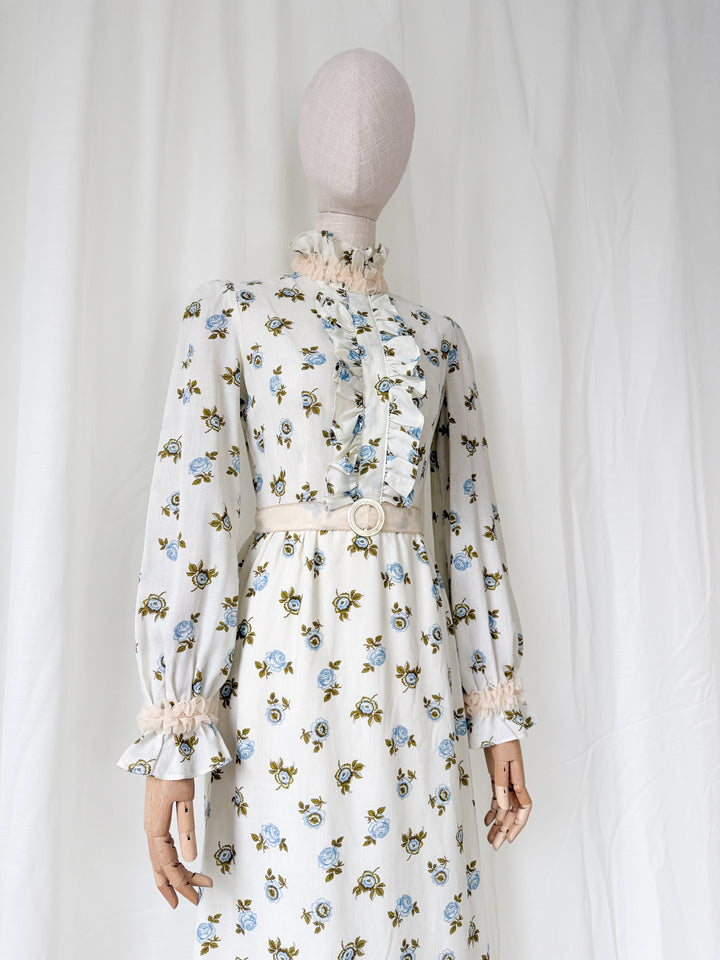 Darling 1970s Floral Cotton Frill Collar Maxi Dress