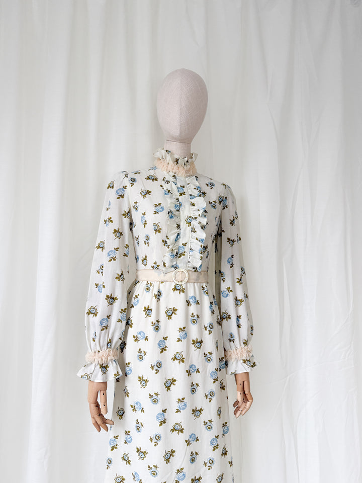 Darling 1970s Floral Cotton Frill Collar Maxi Dress