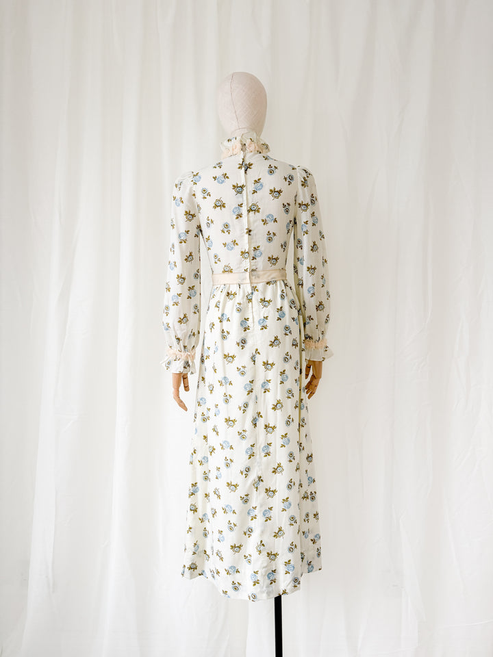 Darling 1970s Floral Cotton Frill Collar Maxi Dress