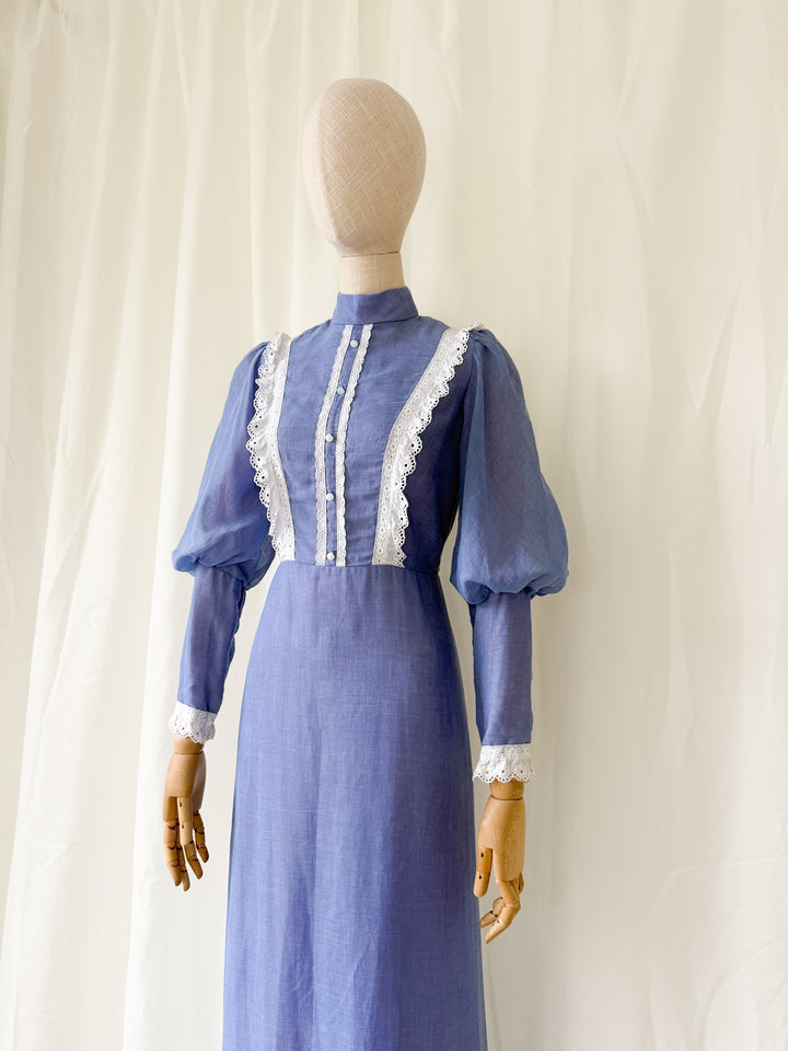 Beautiful Blue Juliet Sleeve 1970s Cotton Maxi Dress