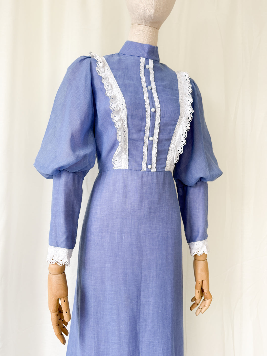 Beautiful Blue Juliet Sleeve 1970s Cotton Maxi Dress