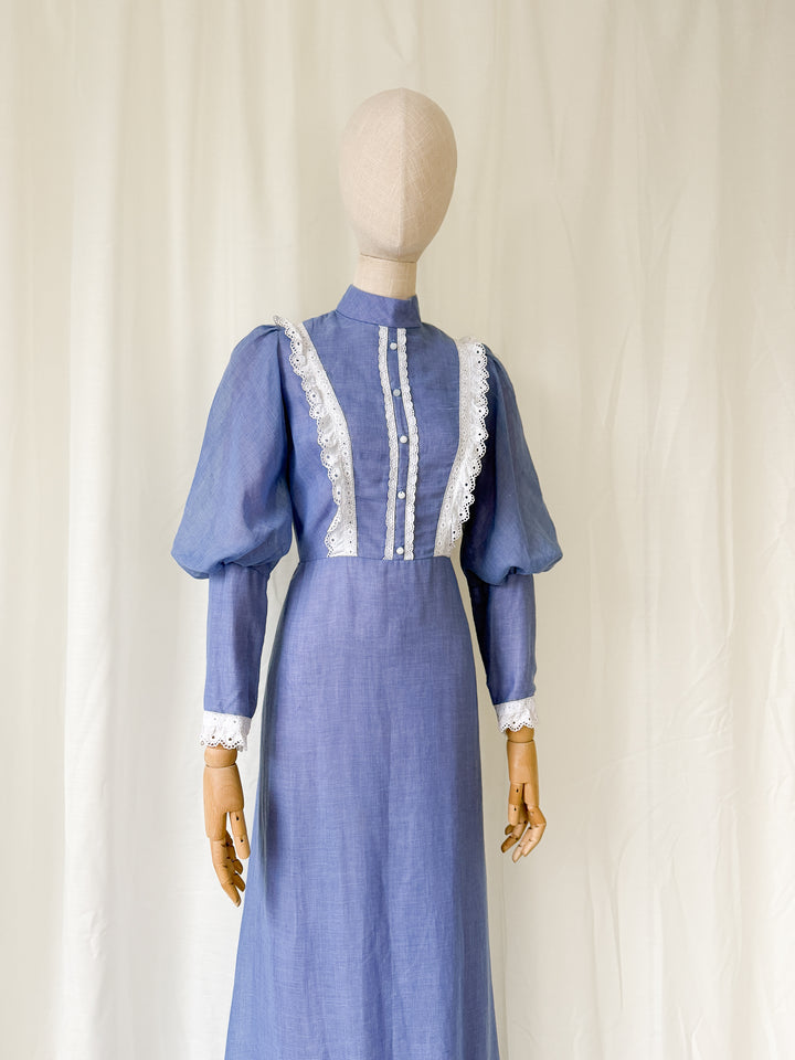 Beautiful Blue Juliet Sleeve 1970s Cotton Maxi Dress