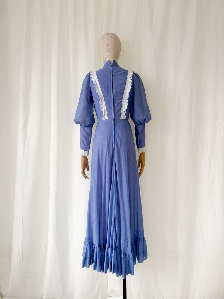 Beautiful Blue Juliet Sleeve 1970s Cotton Maxi Dress