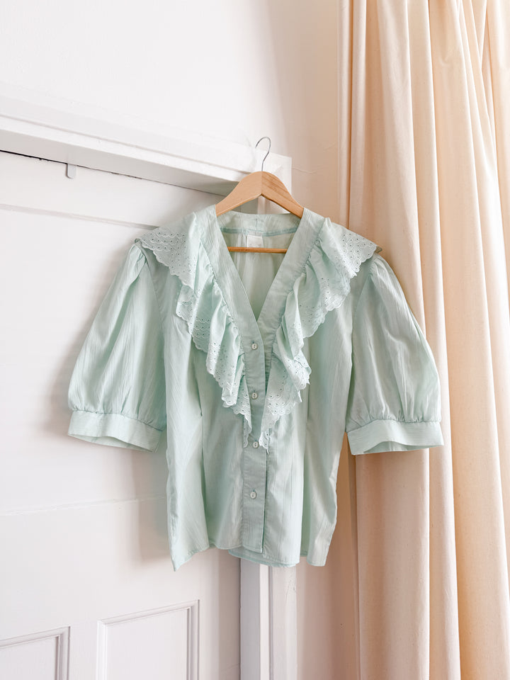 Stunning Minty Hued Cotton 80s Ruffle Blouse
