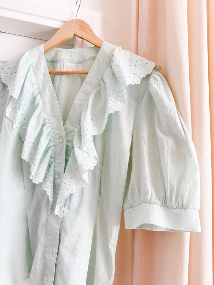 Stunning Minty Hued Cotton 80s Ruffle Blouse