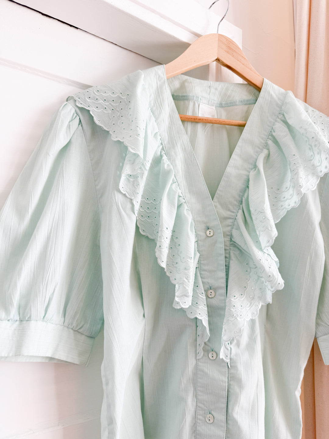 Stunning Minty Hued Cotton 80s Ruffle Blouse