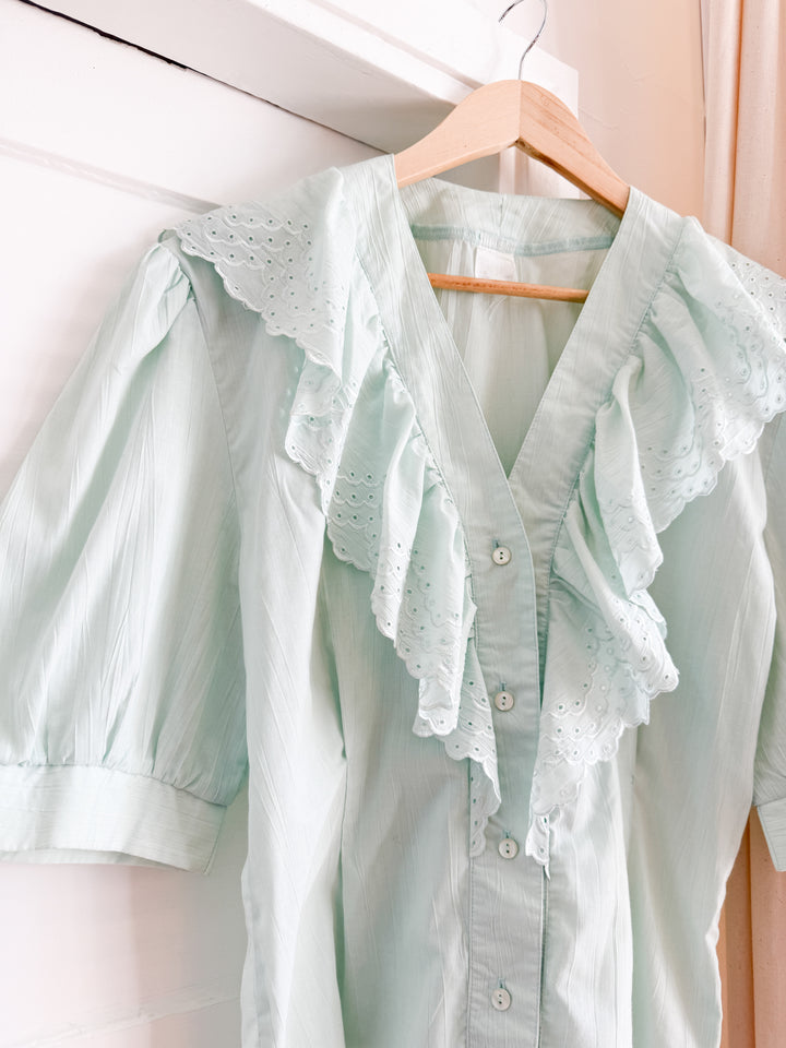 Stunning Minty Hued Cotton 80s Ruffle Blouse
