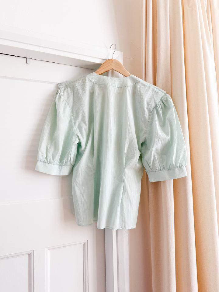 Stunning Minty Hued Cotton 80s Ruffle Blouse