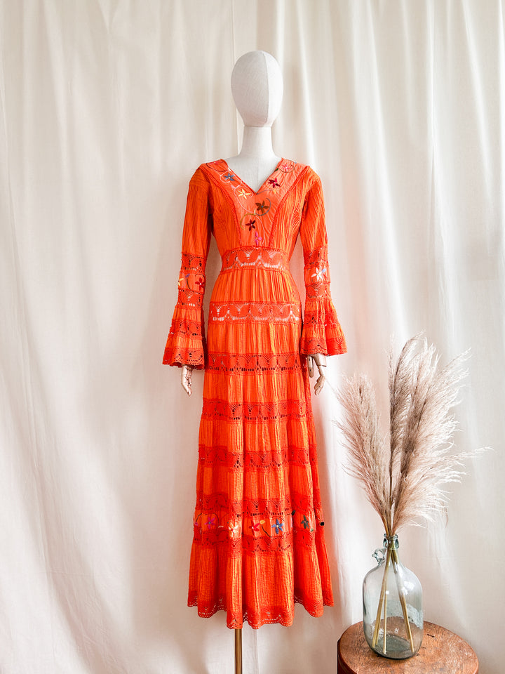 Holy Grail Rare 1970s Orange Mexican Bohemian Cotton Dream Dress