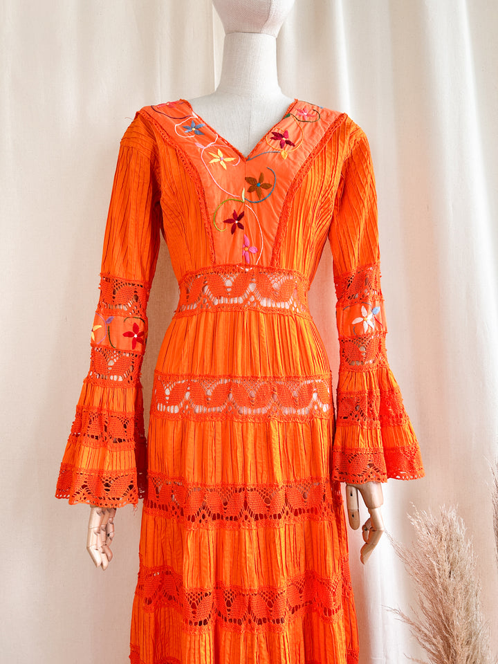 Holy Grail Rare 1970s Orange Mexican Bohemian Cotton Dream Dress