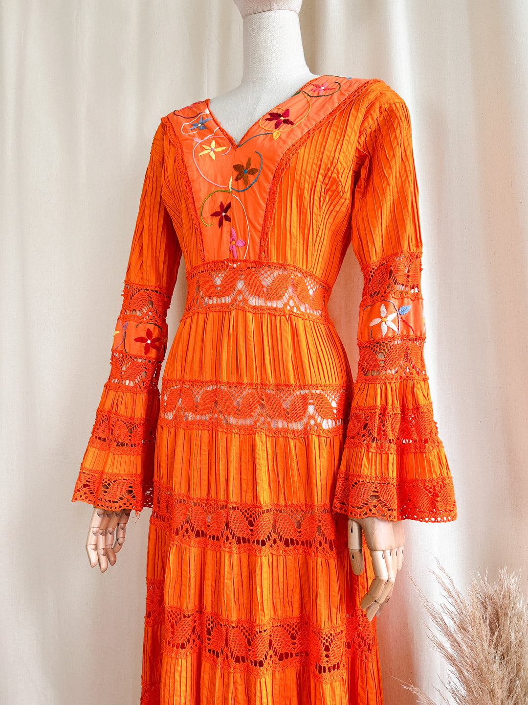 Holy Grail Rare 1970s Orange Mexican Bohemian Cotton Dream Dress