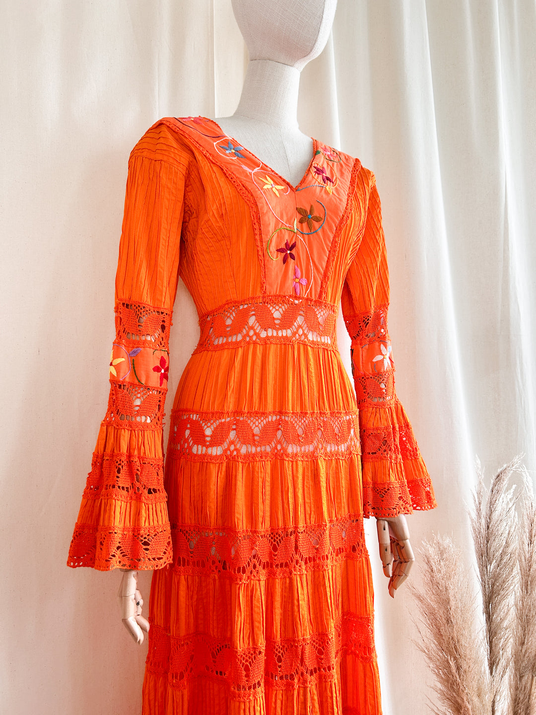 Holy Grail Rare 1970s Orange Mexican Bohemian Cotton Dream Dress