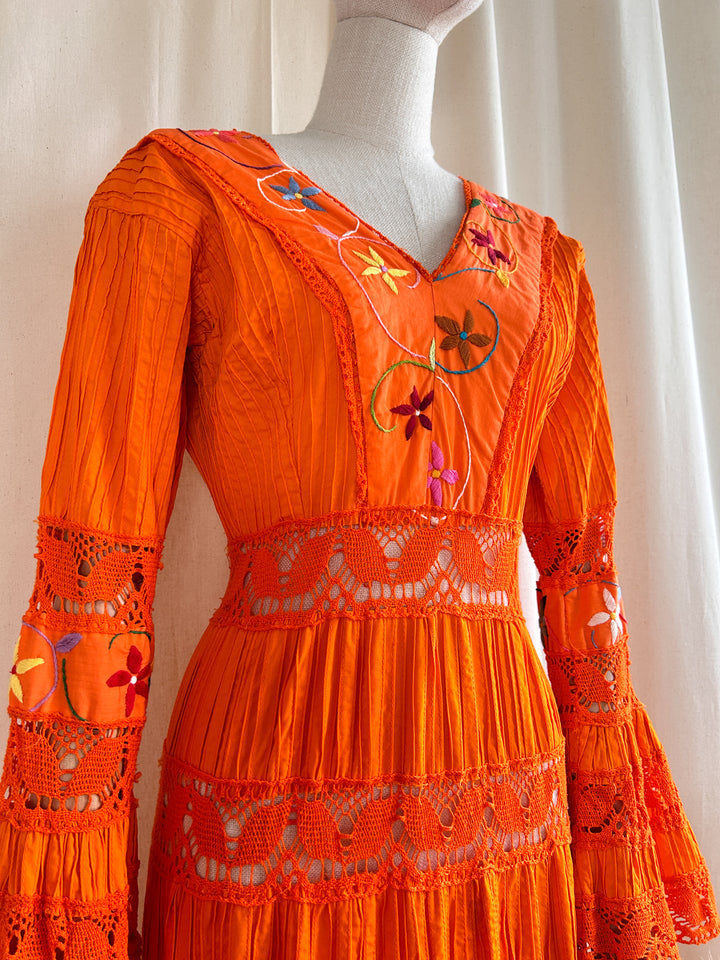 Holy Grail Rare 1970s Orange Mexican Bohemian Cotton Dream Dress