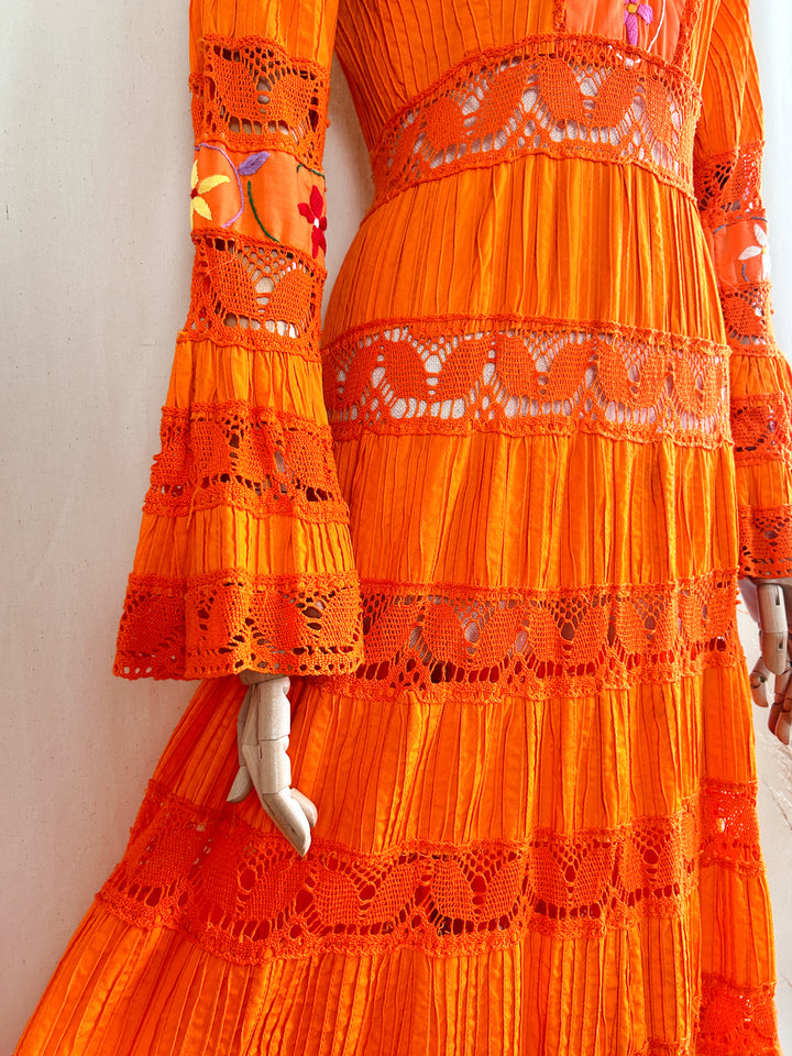 Holy Grail Rare 1970s Orange Mexican Bohemian Cotton Dream Dress