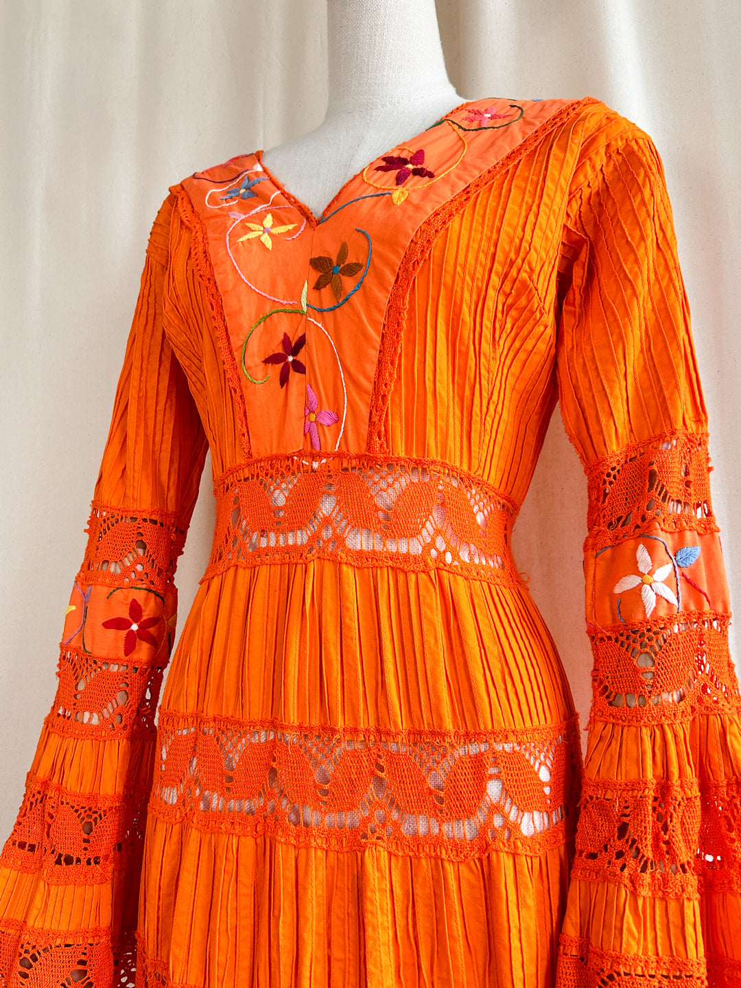 Holy Grail Rare 1970s Orange Mexican Bohemian Cotton Dream Dress