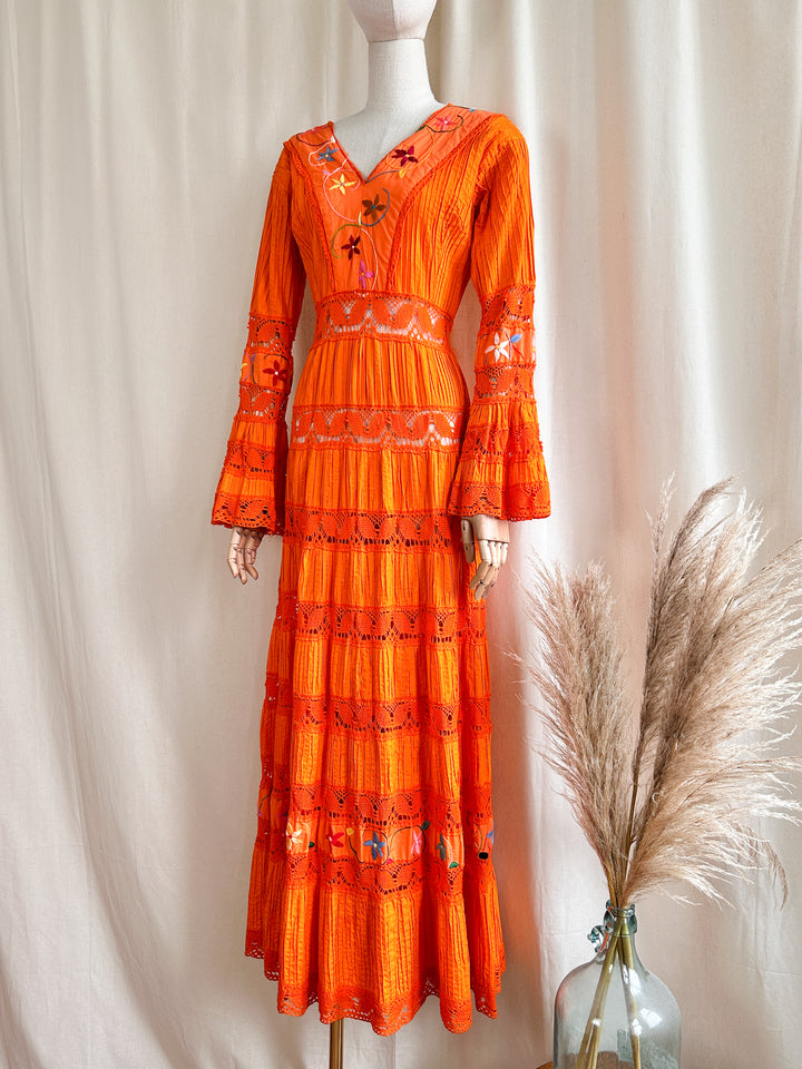 Holy Grail Rare 1970s Orange Mexican Bohemian Cotton Dream Dress