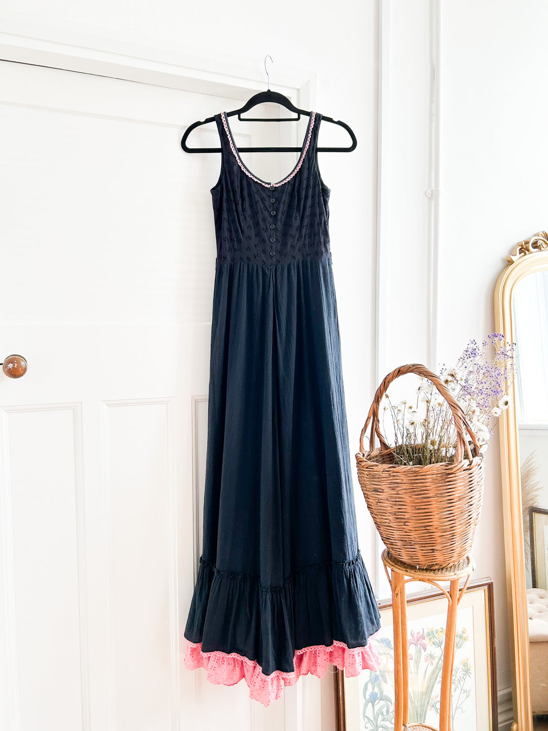 RARE BLACK CHEESECLOTH MAXI DRESS WITH PINK DETAILING
