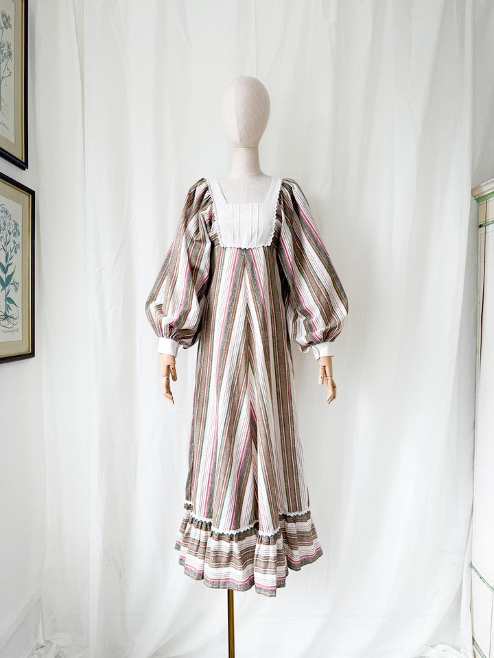 Precious Divine 1970s Marion Donaldson Bohemian Balloon Sleeve Raw Cotton Stripe Maxi Dress