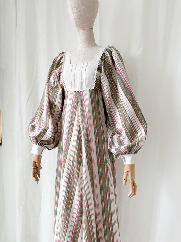Precious Divine 1970s Marion Donaldson Bohemian Balloon Sleeve Raw Cotton Stripe Maxi Dress