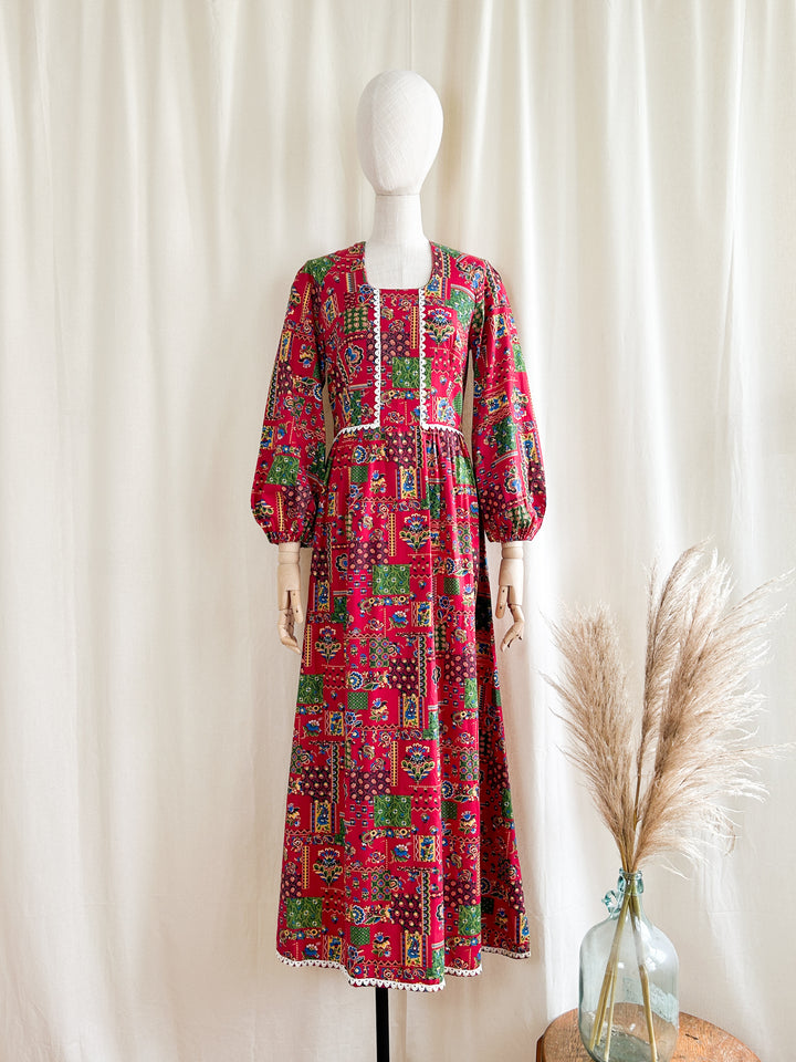 Gorgeous Deep Red Folklore Cotton Bohemian 1970s Maxi Dress