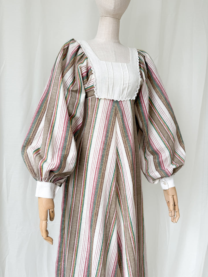 Precious Divine 1970s Marion Donaldson Bohemian Balloon Sleeve Raw Cotton Stripe Maxi Dress