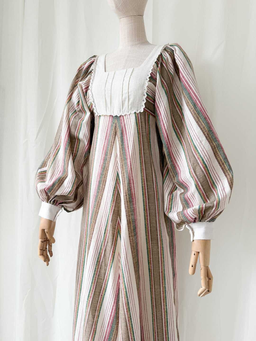 Precious Divine 1970s Marion Donaldson Bohemian Balloon Sleeve Raw Cotton Stripe Maxi Dress