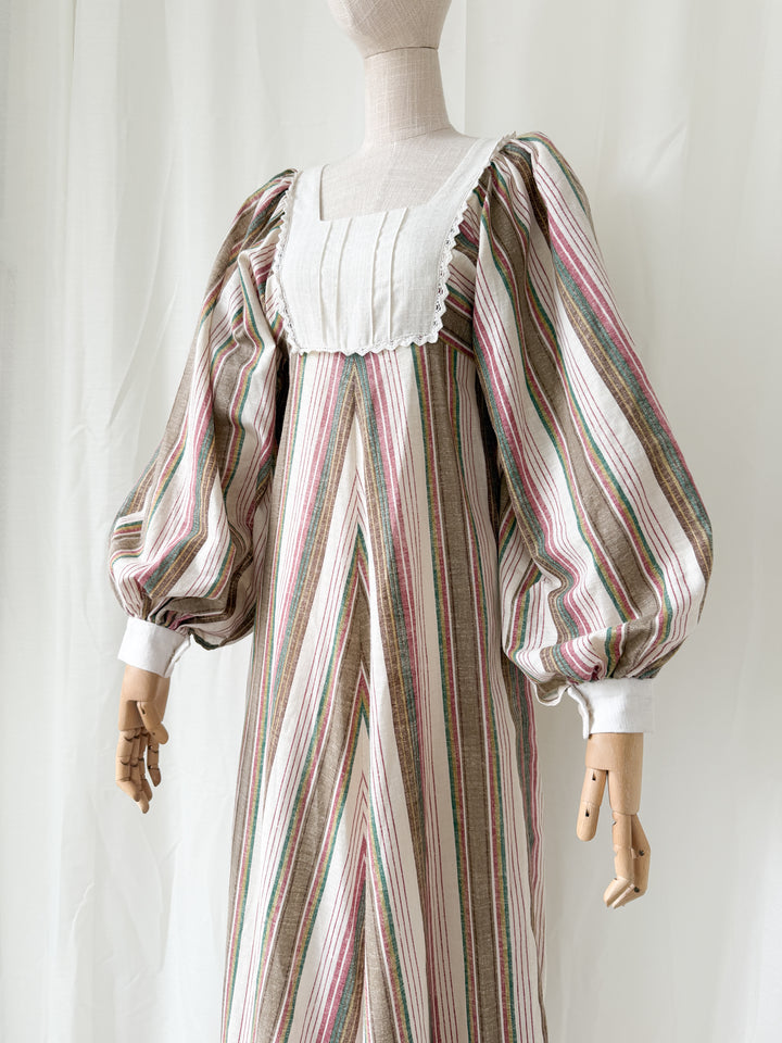 Precious Divine 1970s Marion Donaldson Bohemian Balloon Sleeve Raw Cotton Stripe Maxi Dress