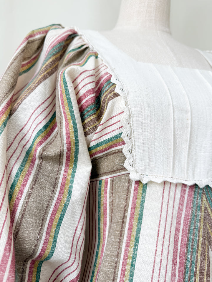 Precious Divine 1970s Marion Donaldson Bohemian Balloon Sleeve Raw Cotton Stripe Maxi Dress