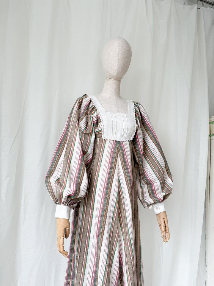 Precious Divine 1970s Marion Donaldson Bohemian Balloon Sleeve Raw Cotton Stripe Maxi Dress