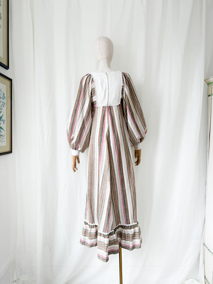 Precious Divine 1970s Marion Donaldson Bohemian Balloon Sleeve Raw Cotton Stripe Maxi Dress