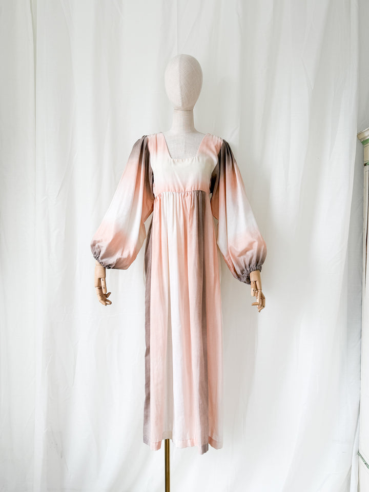 Beautiful Bohemian 1970s Ombre Peach Bohemian Balloon Sleeve Maxi Dress by Shelena