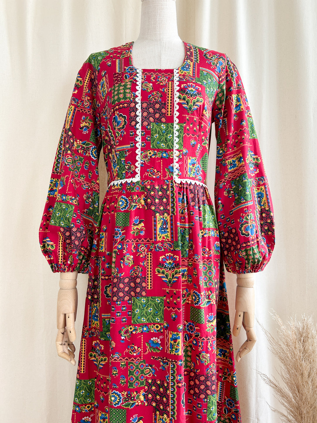 Gorgeous Deep Red Folklore Cotton Bohemian 1970s Maxi Dress