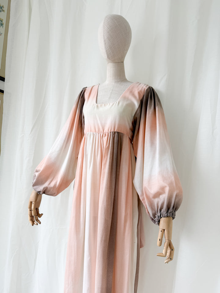 Beautiful Bohemian 1970s Ombre Peach Bohemian Balloon Sleeve Maxi Dress by Shelena