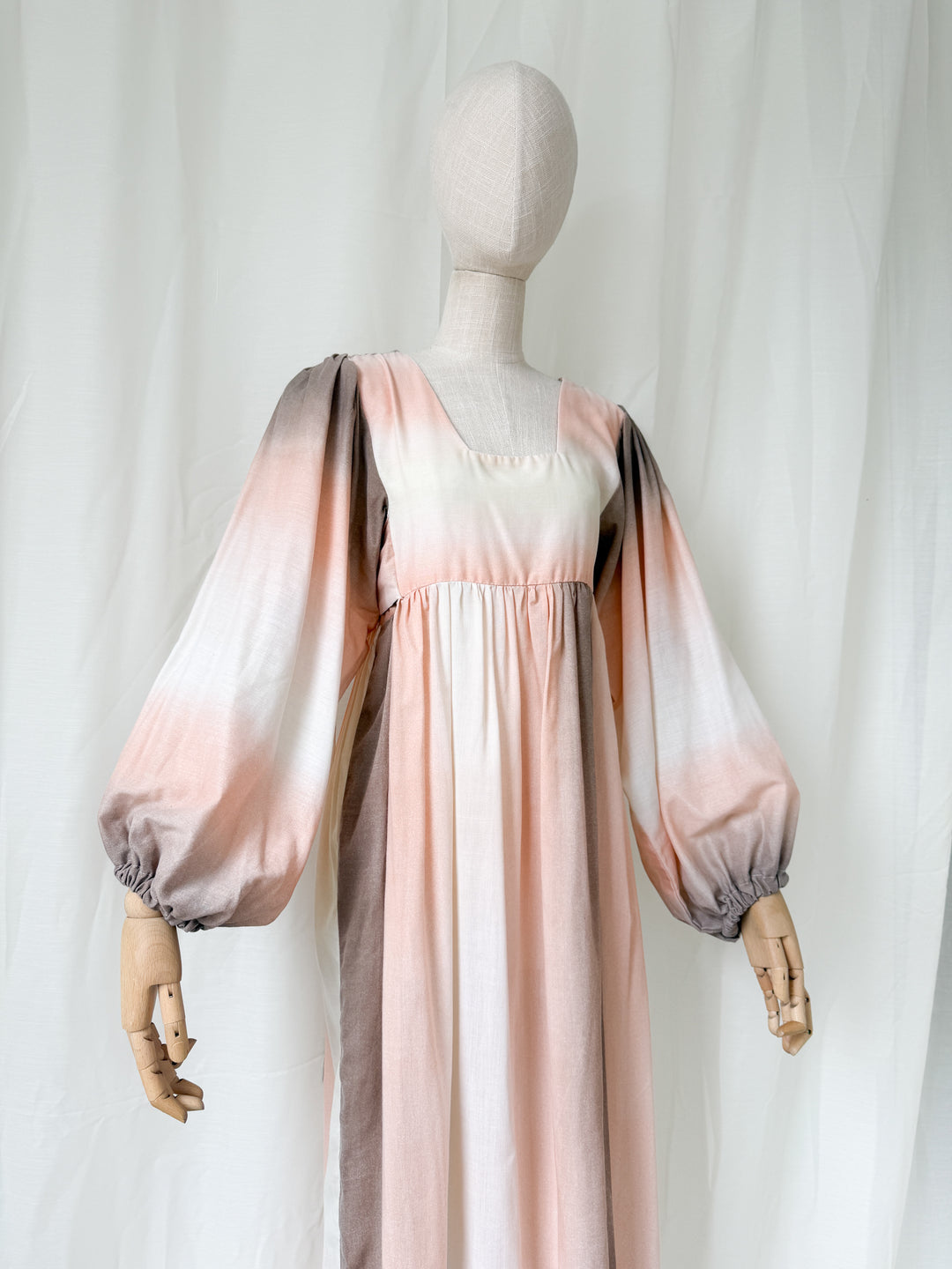Beautiful Bohemian 1970s Ombre Peach Bohemian Balloon Sleeve Maxi Dress by Shelena