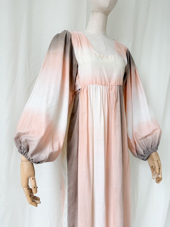 Beautiful Bohemian 1970s Ombre Peach Bohemian Balloon Sleeve Maxi Dress by Shelena