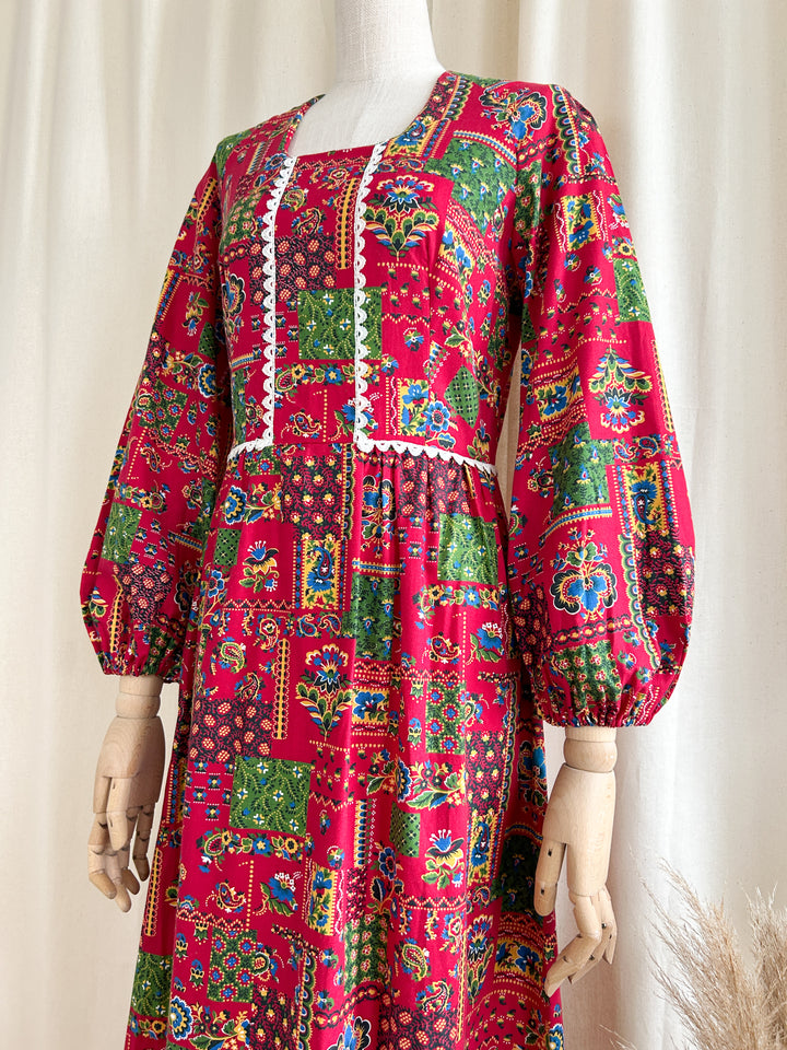 Gorgeous Deep Red Folklore Cotton Bohemian 1970s Maxi Dress