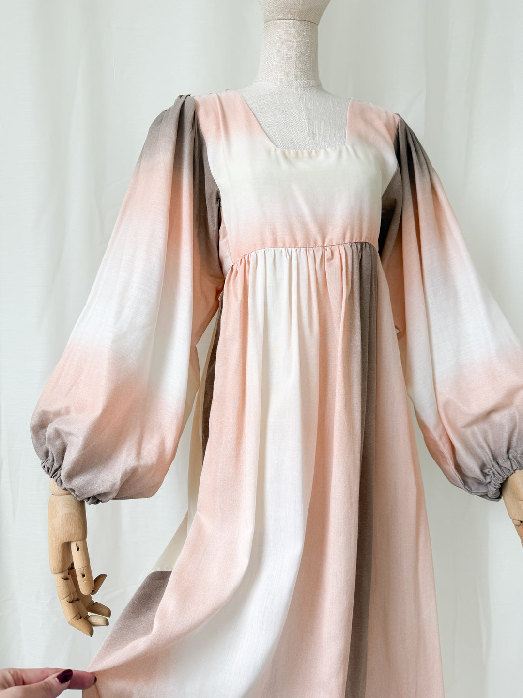 Beautiful Bohemian 1970s Ombre Peach Bohemian Balloon Sleeve Maxi Dress by Shelena