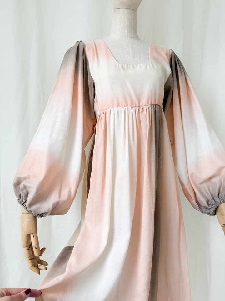 Beautiful Bohemian 1970s Ombre Peach Bohemian Balloon Sleeve Maxi Dress by Shelena
