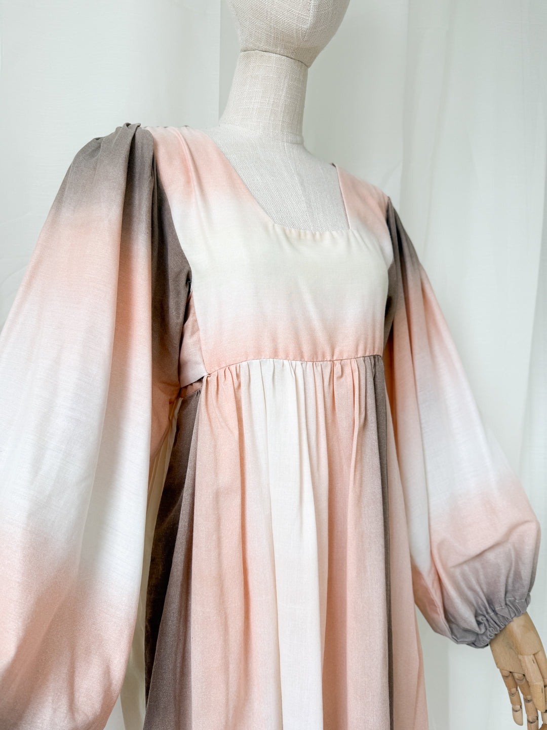 Beautiful Bohemian 1970s Ombre Peach Bohemian Balloon Sleeve Maxi Dress by Shelena