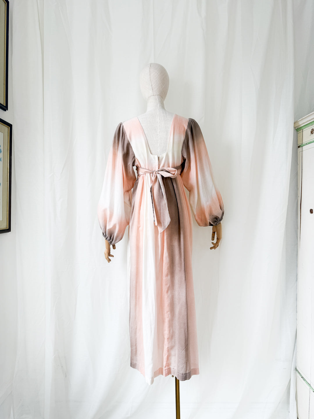 Beautiful Bohemian 1970s Ombre Peach Bohemian Balloon Sleeve Maxi Dress by Shelena