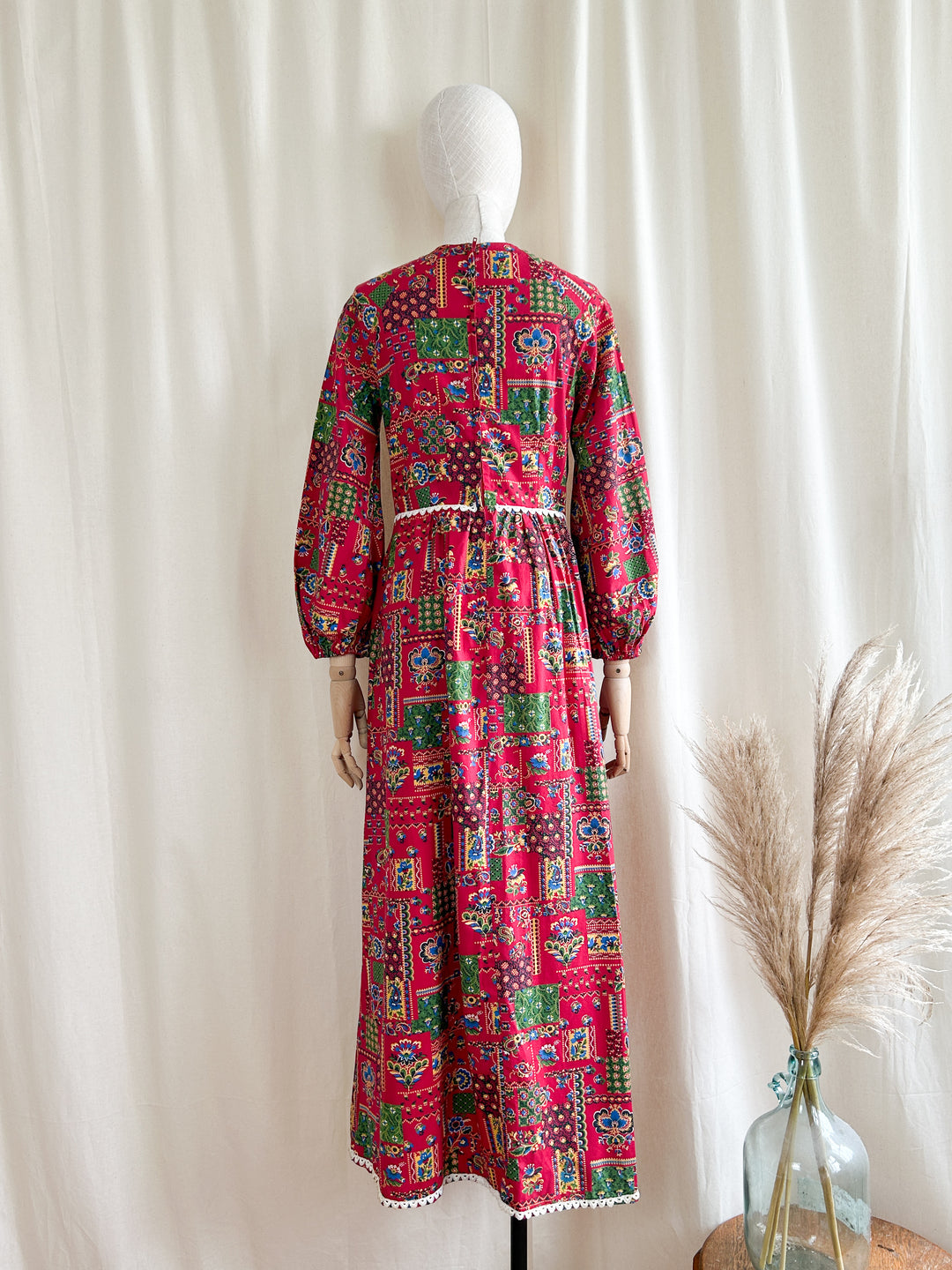 Gorgeous Deep Red Folklore Cotton Bohemian 1970s Maxi Dress