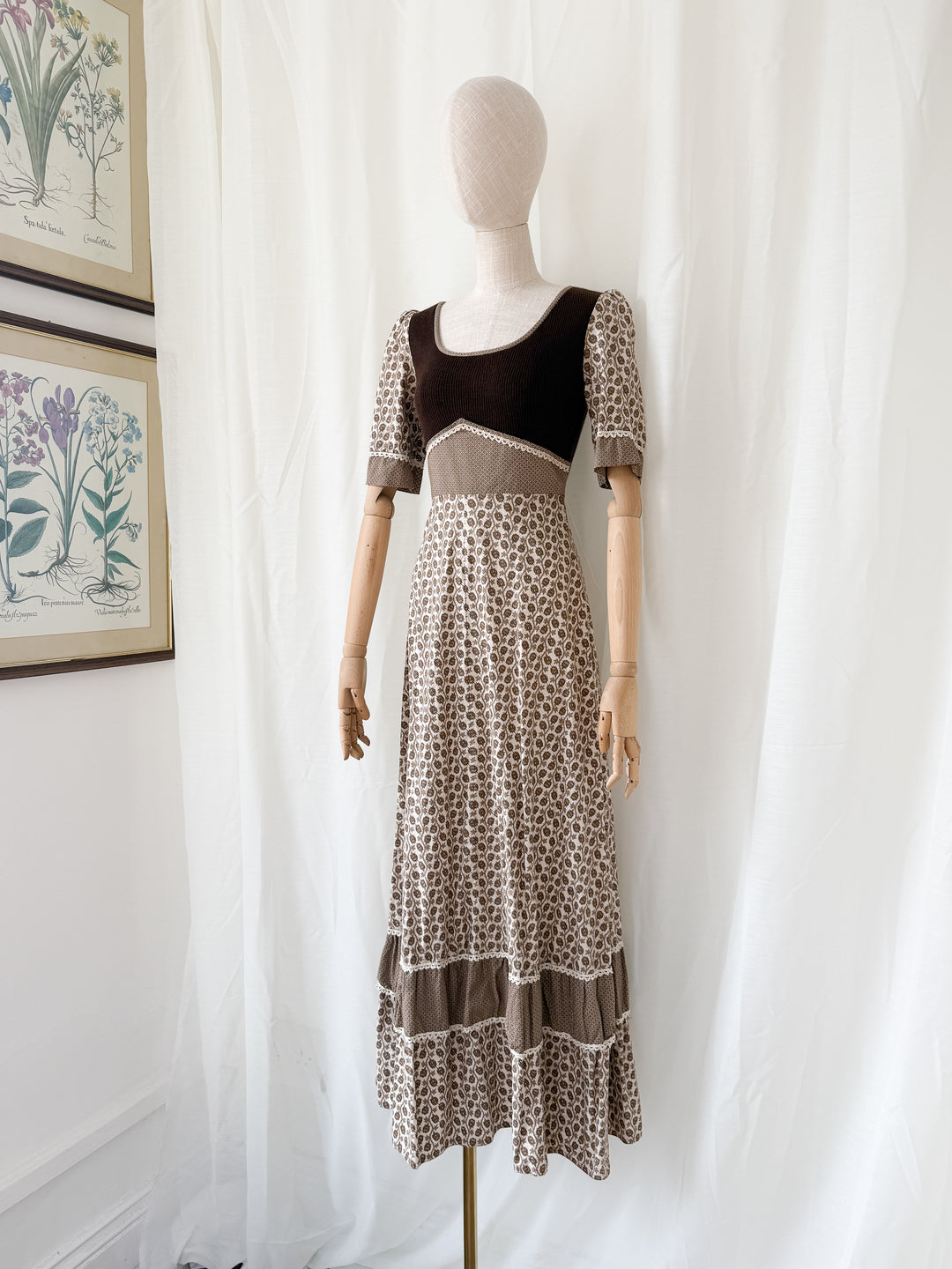 Divine Incredible 1970s Thistle Print Brown Cotton Bohemian Maxi Dress