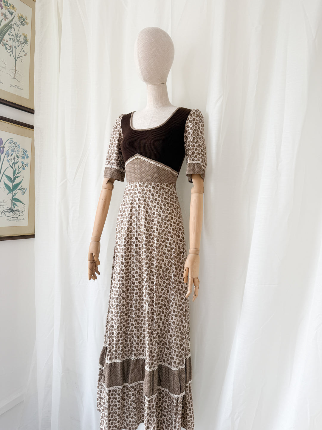 Divine Incredible 1970s Thistle Print Brown Cotton Bohemian Maxi Dress