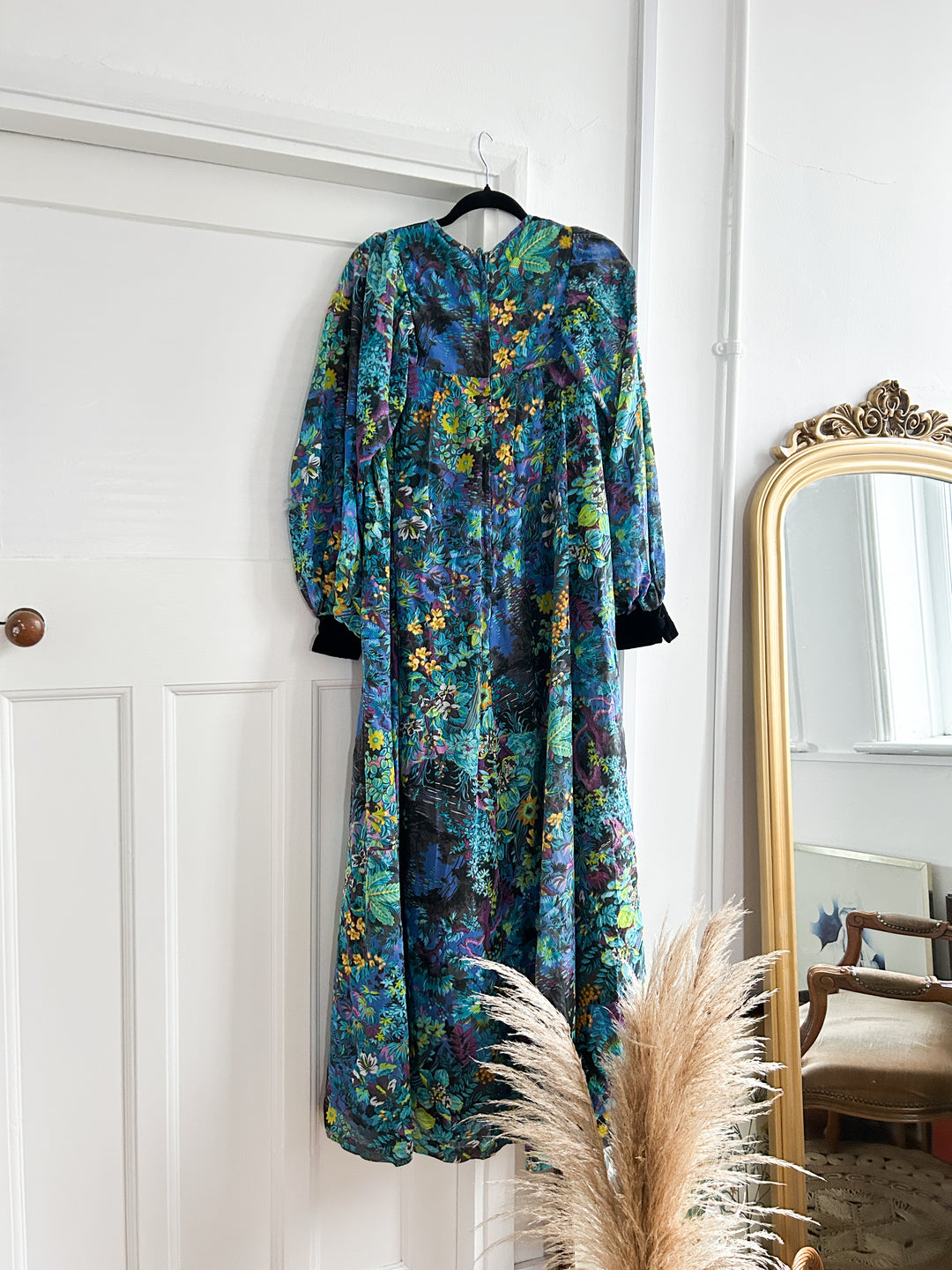 RARE BILLOWING SLEEVE VELVET AND COTTON 70S MAXI DRESS APPROX UK SIZE 10/12/14