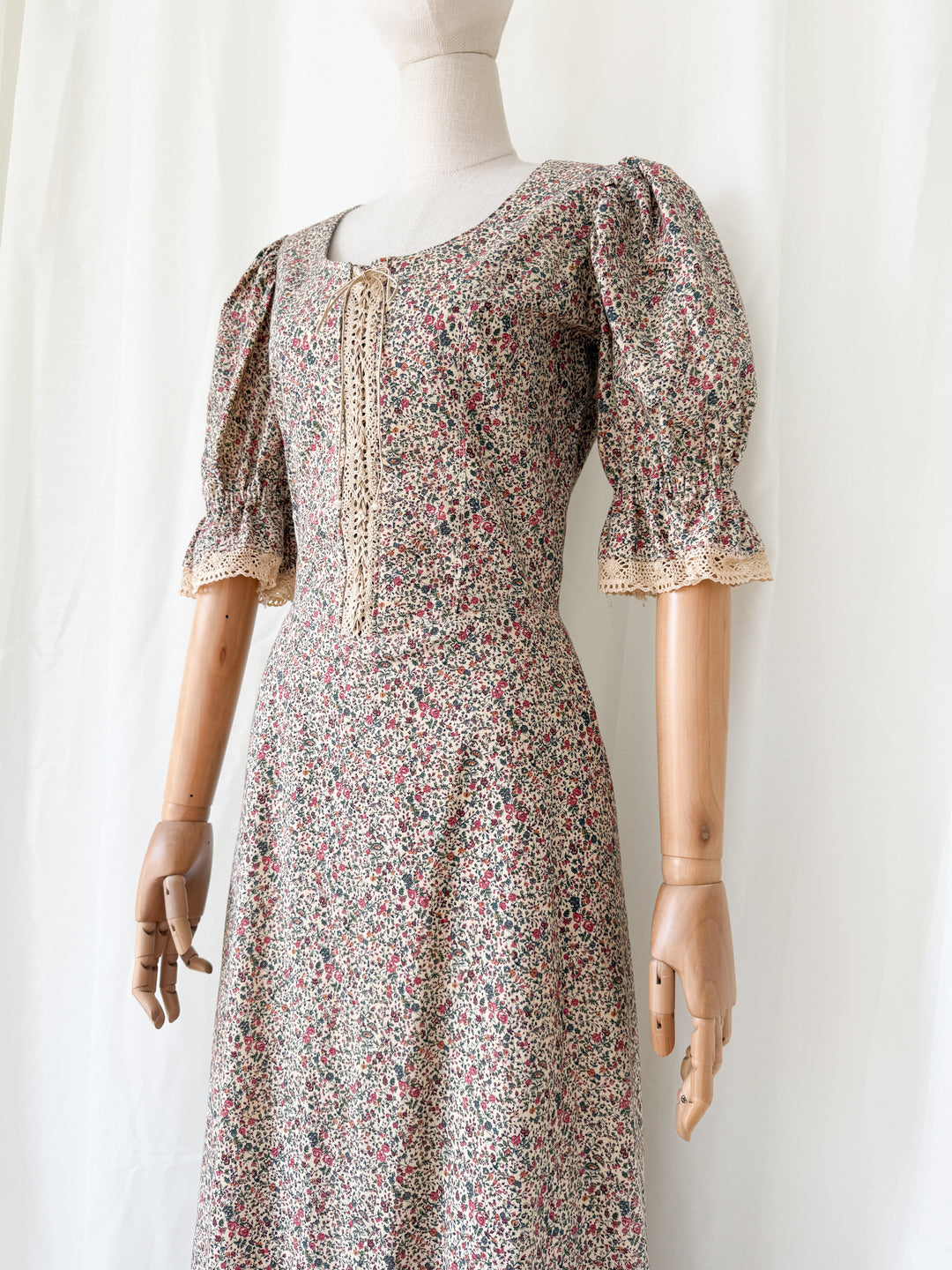 Absolutely Stunning 1970s Thick Natural Raw Floral Cotton Corset Bodice Maxi Dress