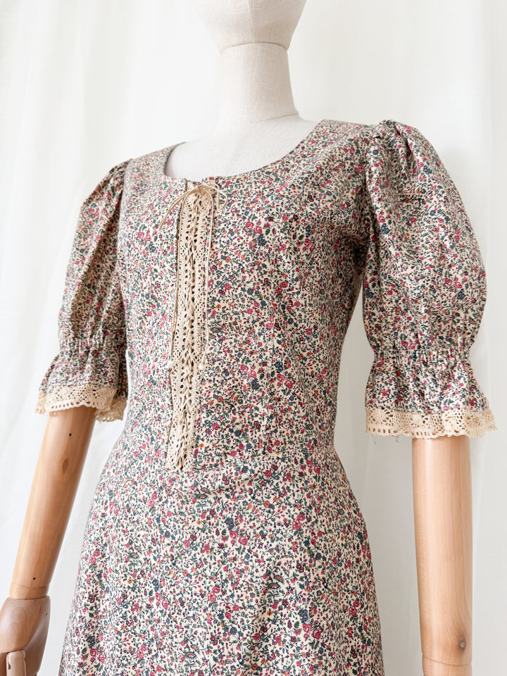 Absolutely Stunning 1970s Thick Natural Raw Floral Cotton Corset Bodice Maxi Dress