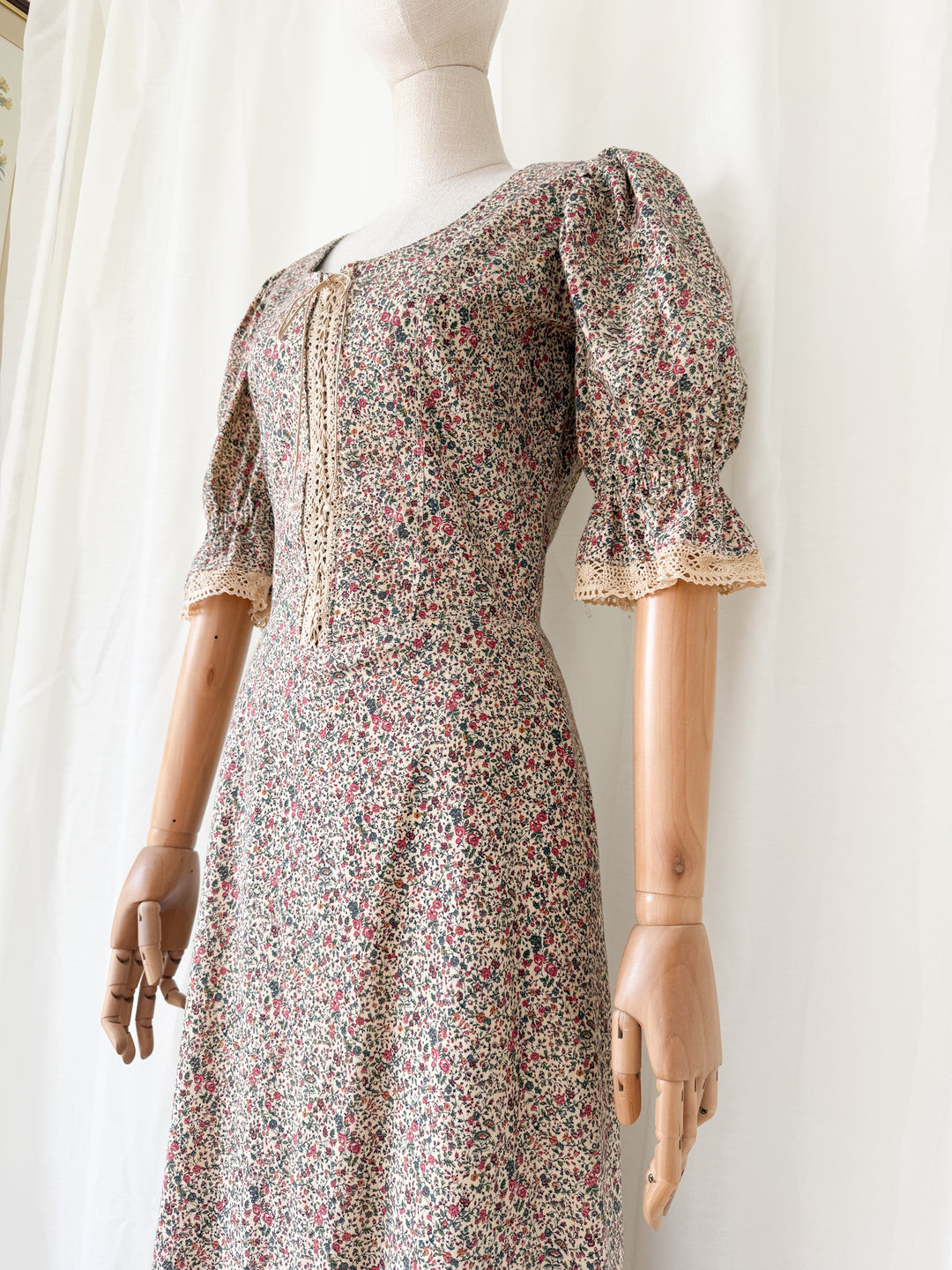 Absolutely Stunning 1970s Thick Natural Raw Floral Cotton Corset Bodice Maxi Dress