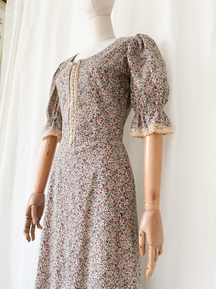 Absolutely Stunning 1970s Thick Natural Raw Floral Cotton Corset Bodice Maxi Dress