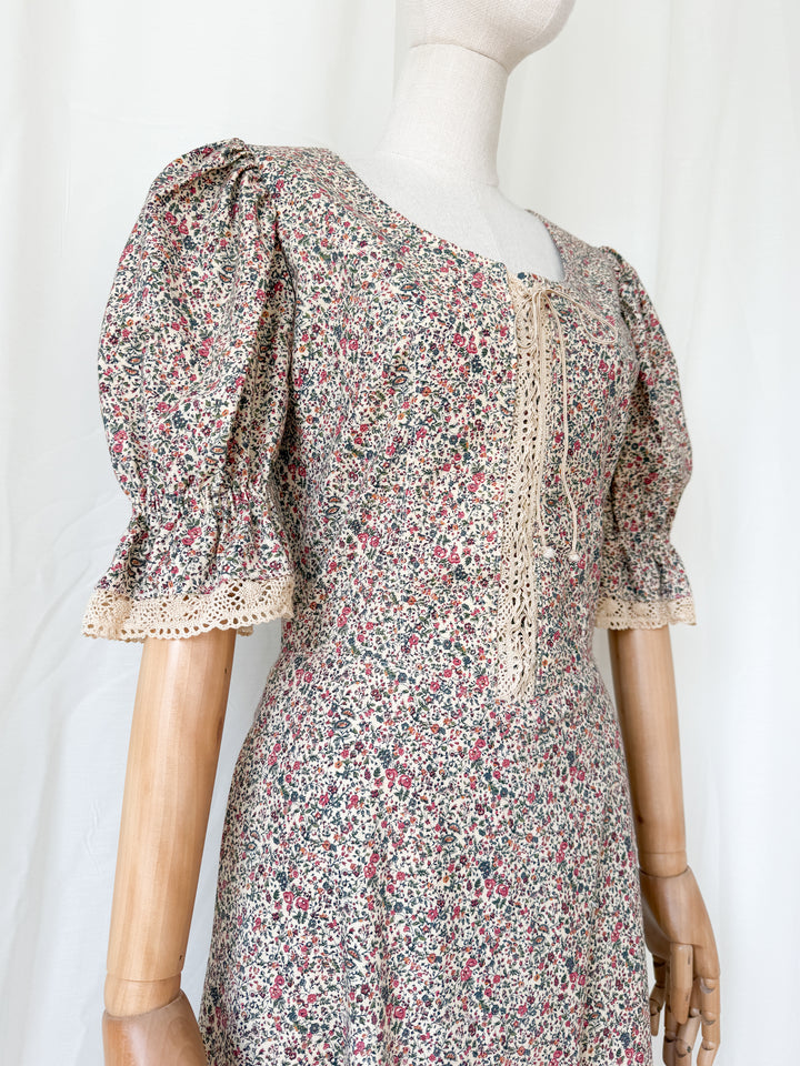 Absolutely Stunning 1970s Thick Natural Raw Floral Cotton Corset Bodice Maxi Dress